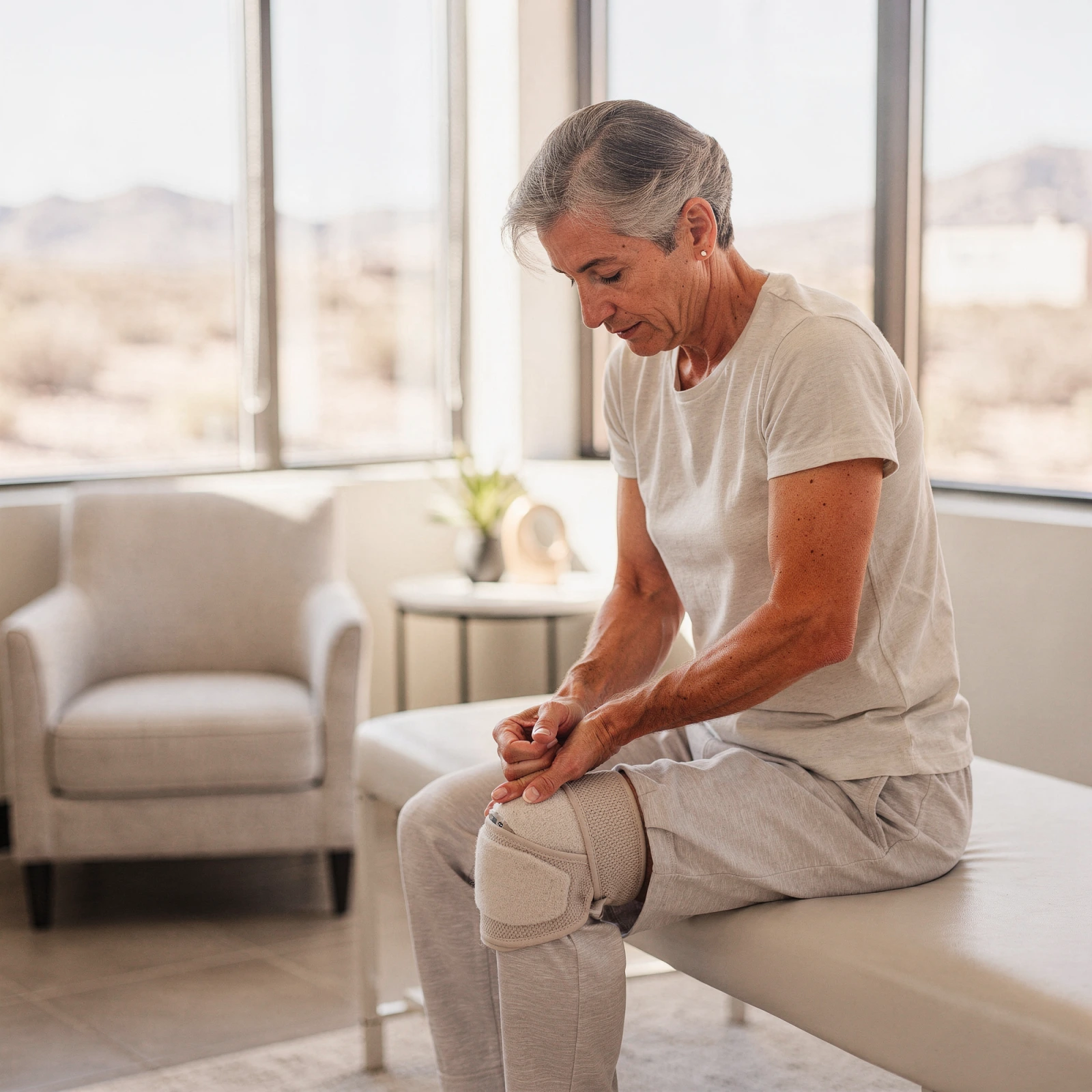 Mature woman examining her knee brace in a bright clinical room with desert views